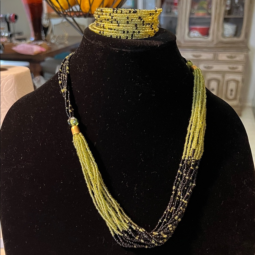 Layered Seed Bead Necklace with Matching Wrap Bracelet in Chartreuse and Black